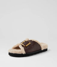 Load image into Gallery viewer, Mollini Esme Dark Brown Natural Leather Shearling Slides