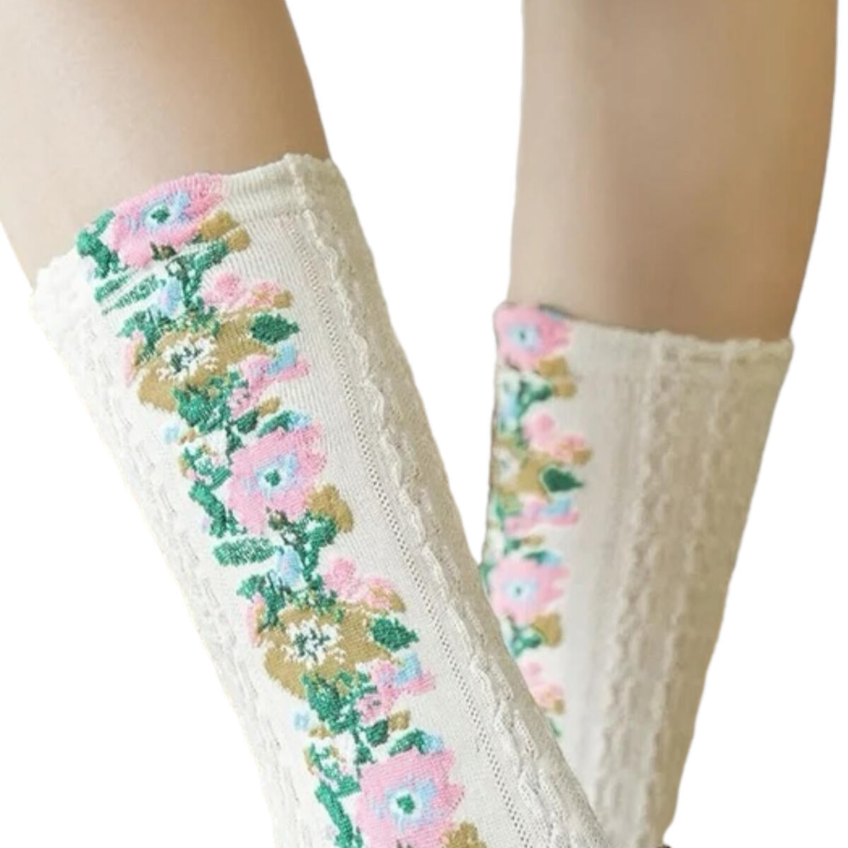 High Heel Jungle Maze Embroidered Socks White