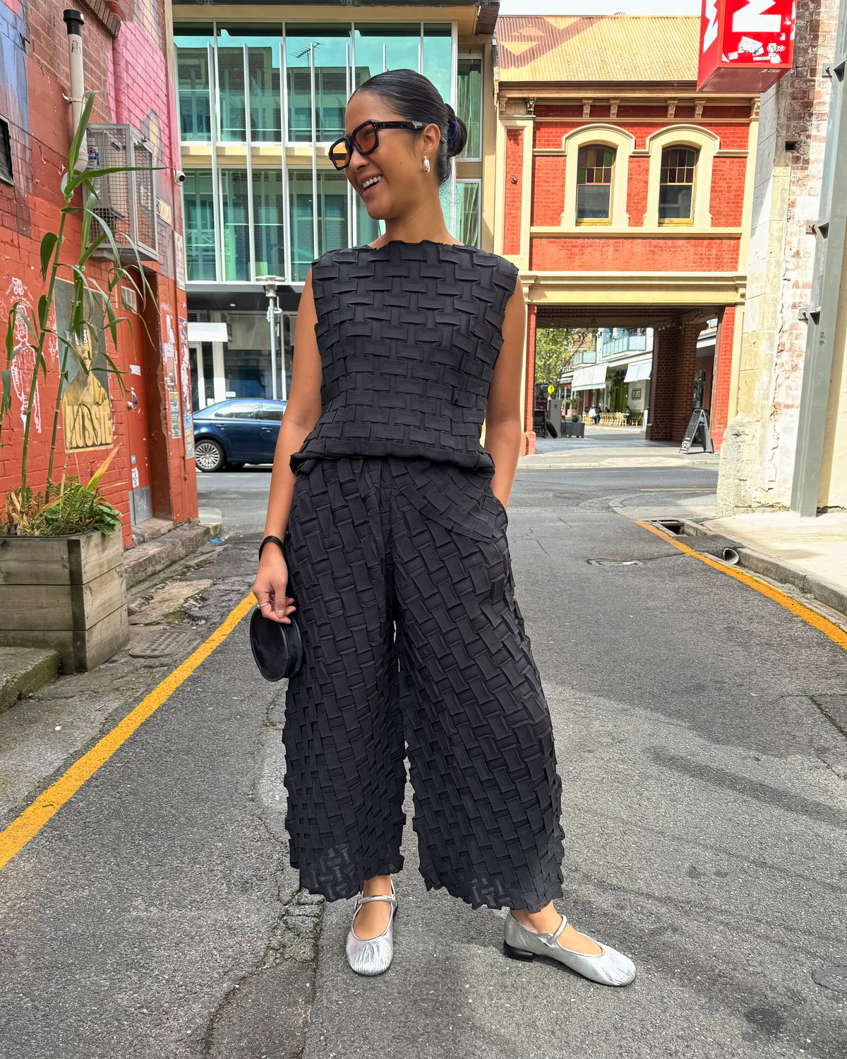 Indulge Me CLO105 Basket Weave Pleat Top & Pants Set Black
