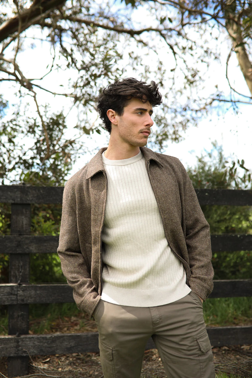 James Harper JHJ155 Herringbone Zip Jacket Brown