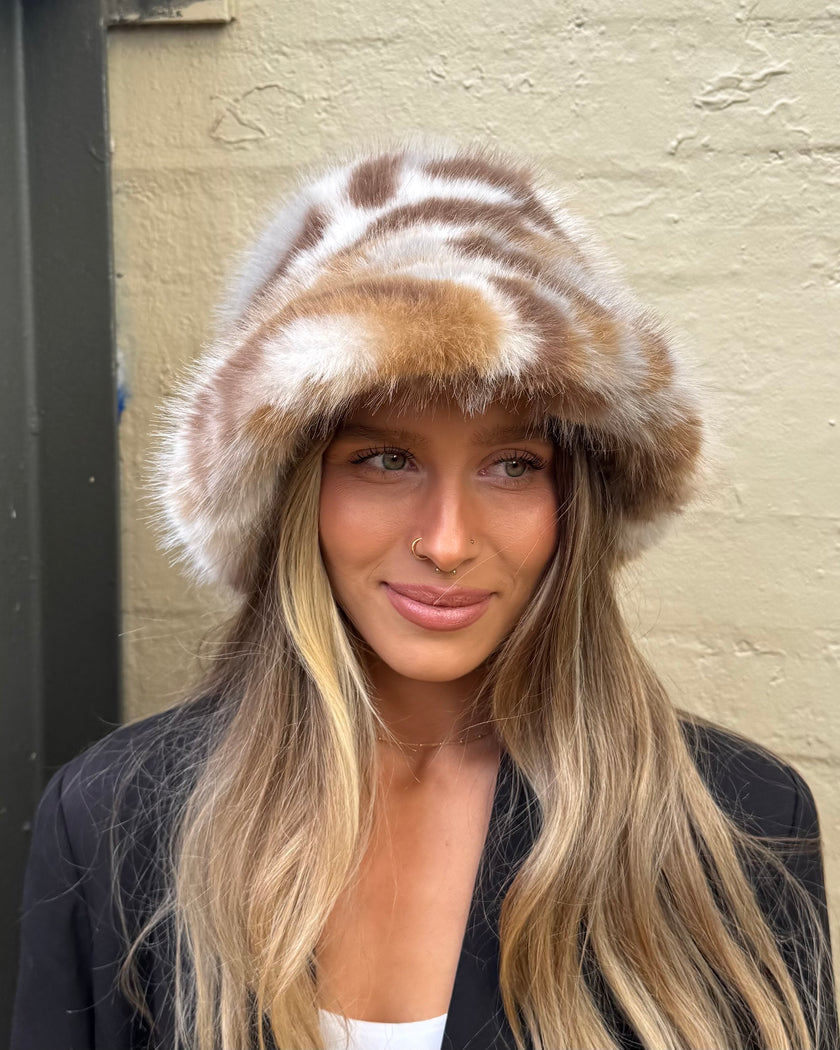 Cinnamon Creations 7522 Faux Fur Mixed Bucket Hat Brown Grey