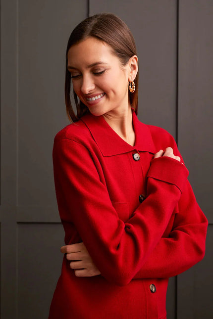 Tribal Double Knit Collared Sweater Cardigan Scarlet