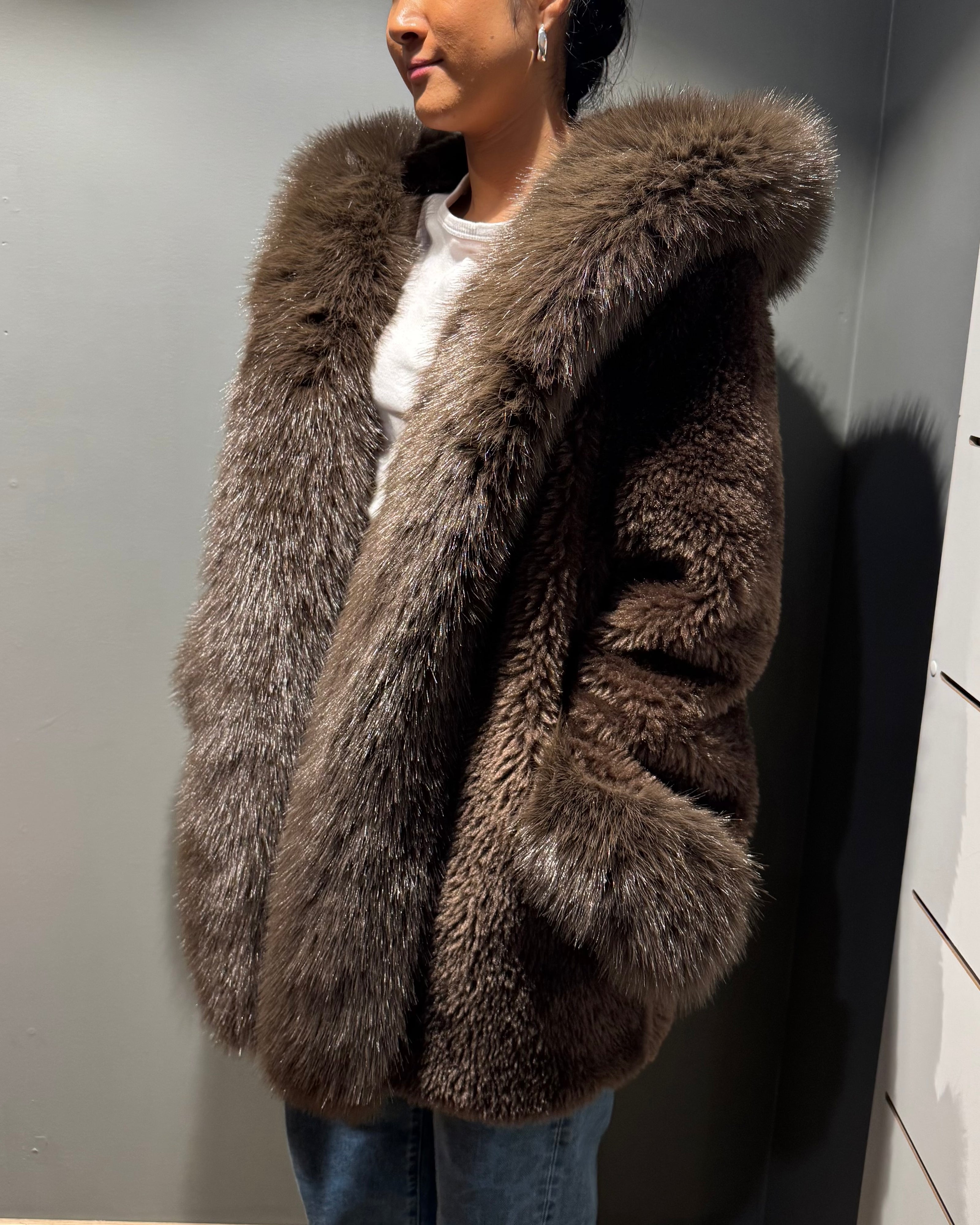 Cinnamon Creations F109 Fluffy Hooded Jacket Brown