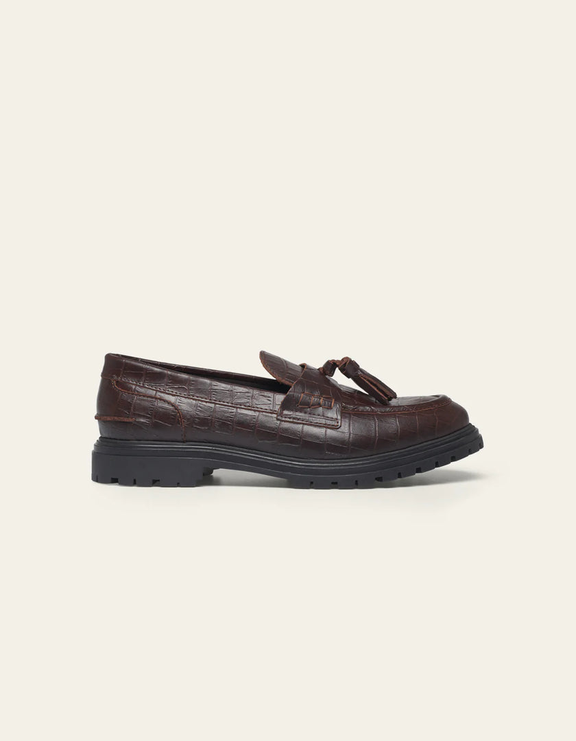 Les Deux Thatcher Croco Tassel Loafer Slate Brown