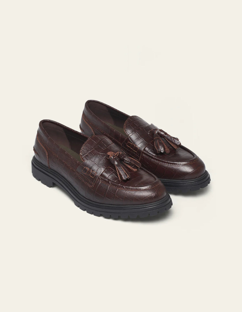 Les Deux Thatcher Croco Tassel Loafer Slate Brown