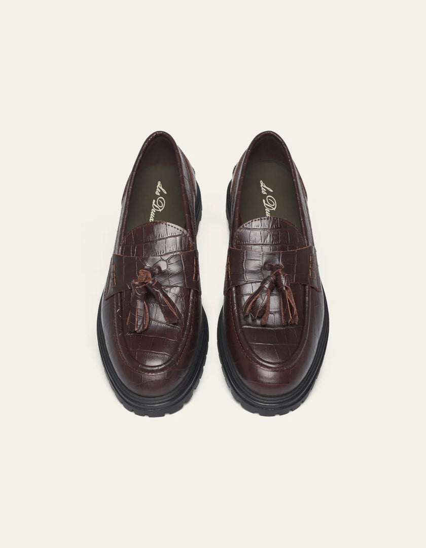 Les Deux Thatcher Croco Tassel Loafer Slate Brown