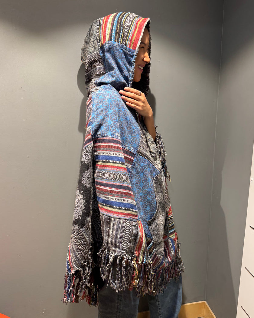 Tibet House A198 Patchwork Poncho Black/ Blue