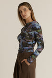 Fate + Becker Alix Mesh Top Blurred Floral Blue