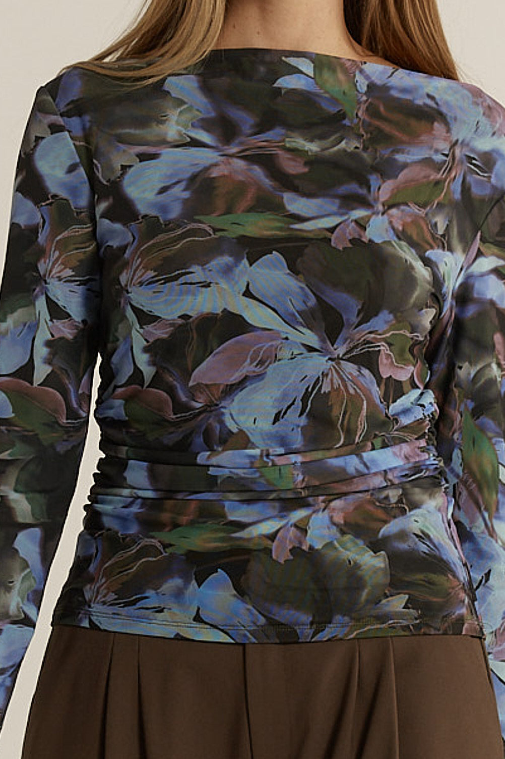 Fate + Becker Alix Mesh Top Blurred Floral Blue