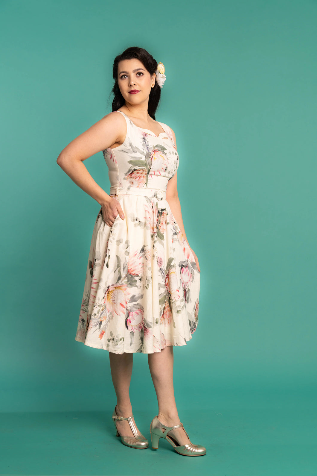 Elise Design Waratah Linen Dress Cream Floral