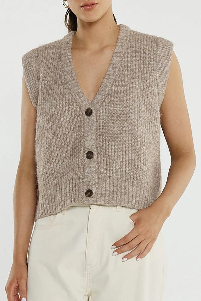 Sass Clothing Lil Button Vest Multi Fawn Brown