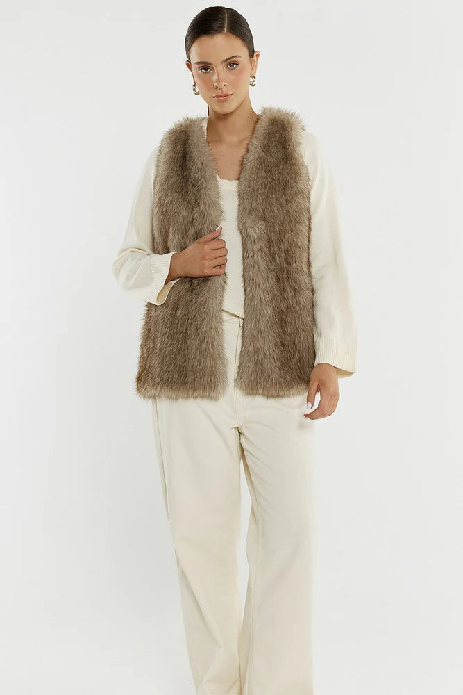 Sass Clothing Riya Fur Gilet Fawn Cream