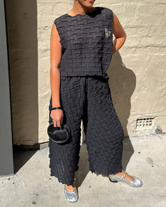 Indulge Me CLO105 Basket Weave Pleat Top & Pants Set Black