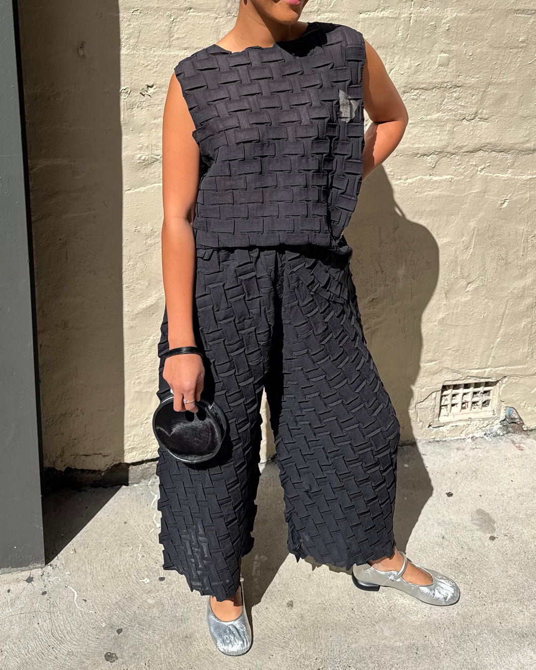 Indulge Me CLO105 Basket Weave Pleat Top & Pants Set Black
