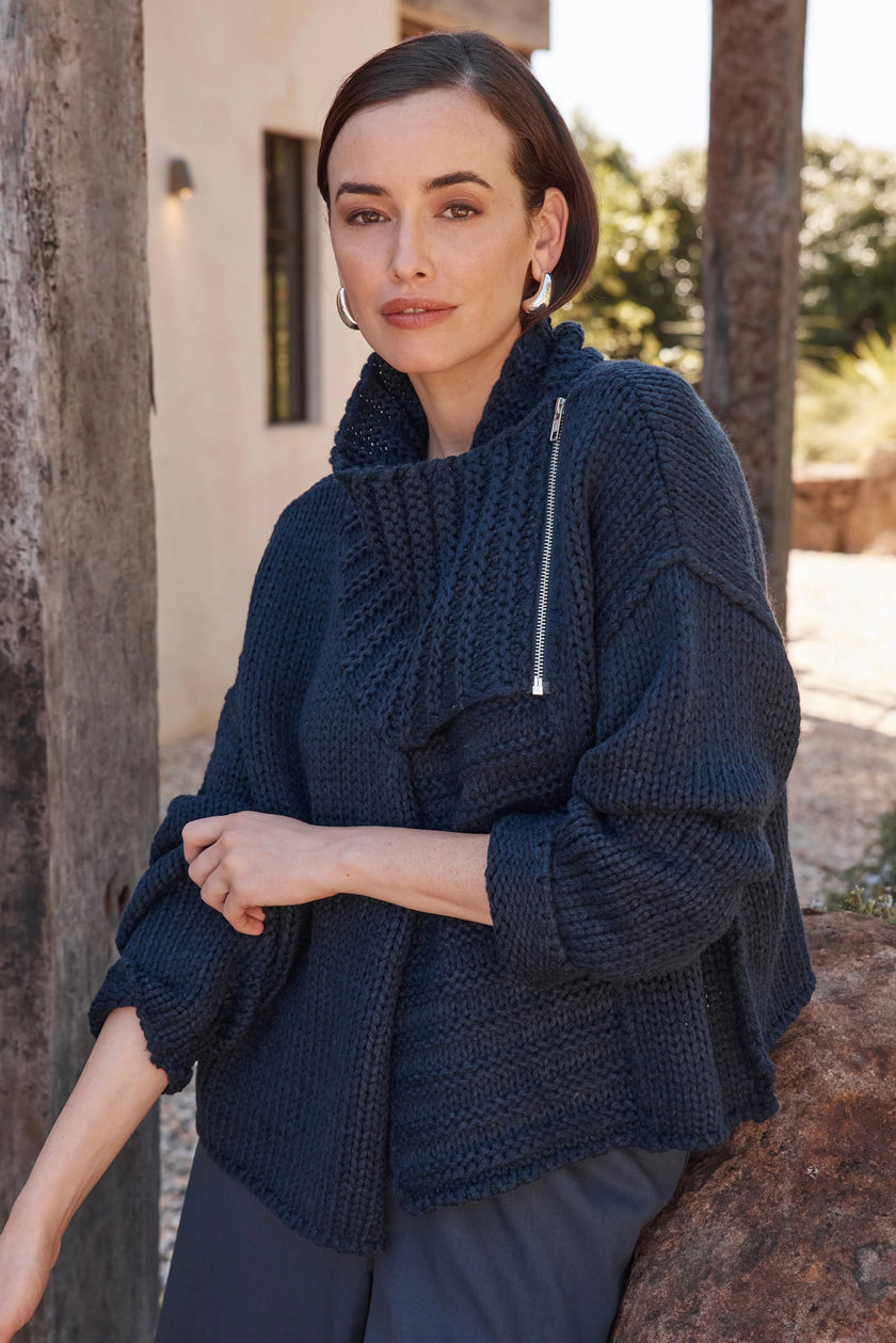 Tirelli Zip Collar Cardigan Navy