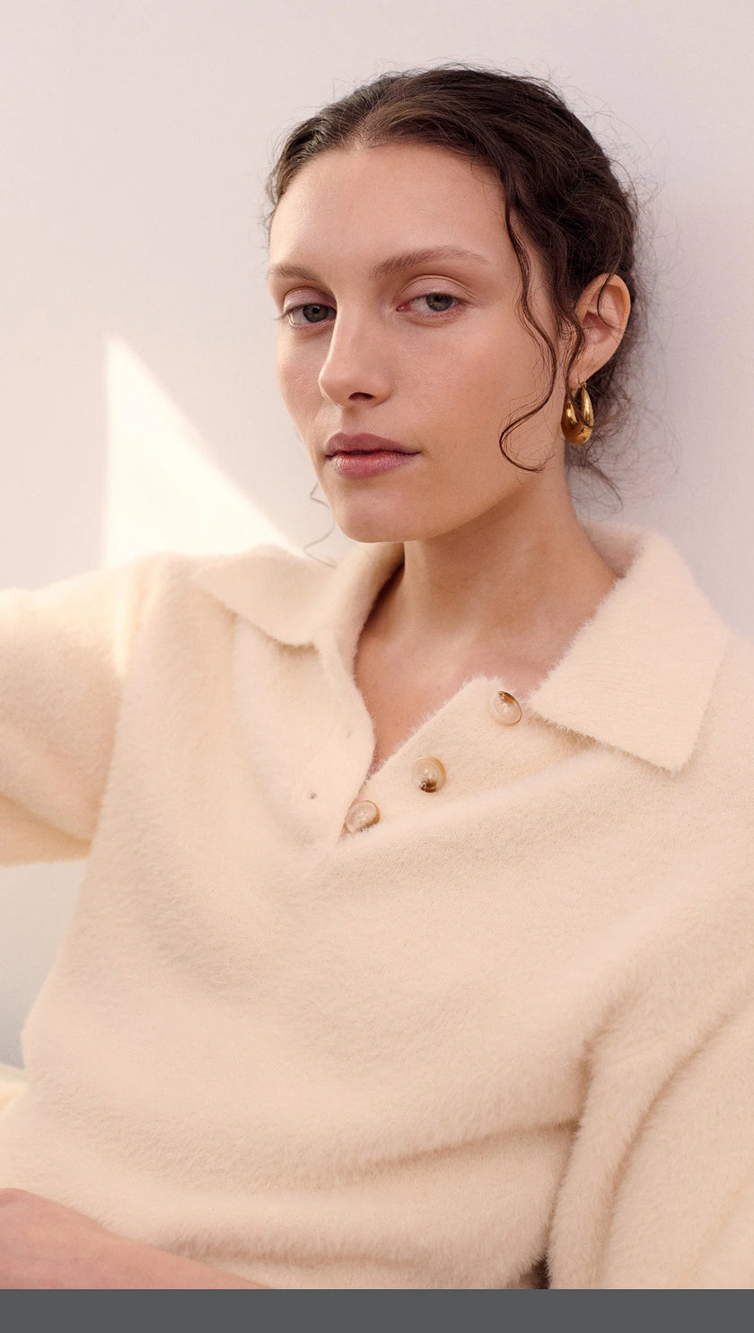 Staple The Label Fluffy Knit Polo Natural Beige