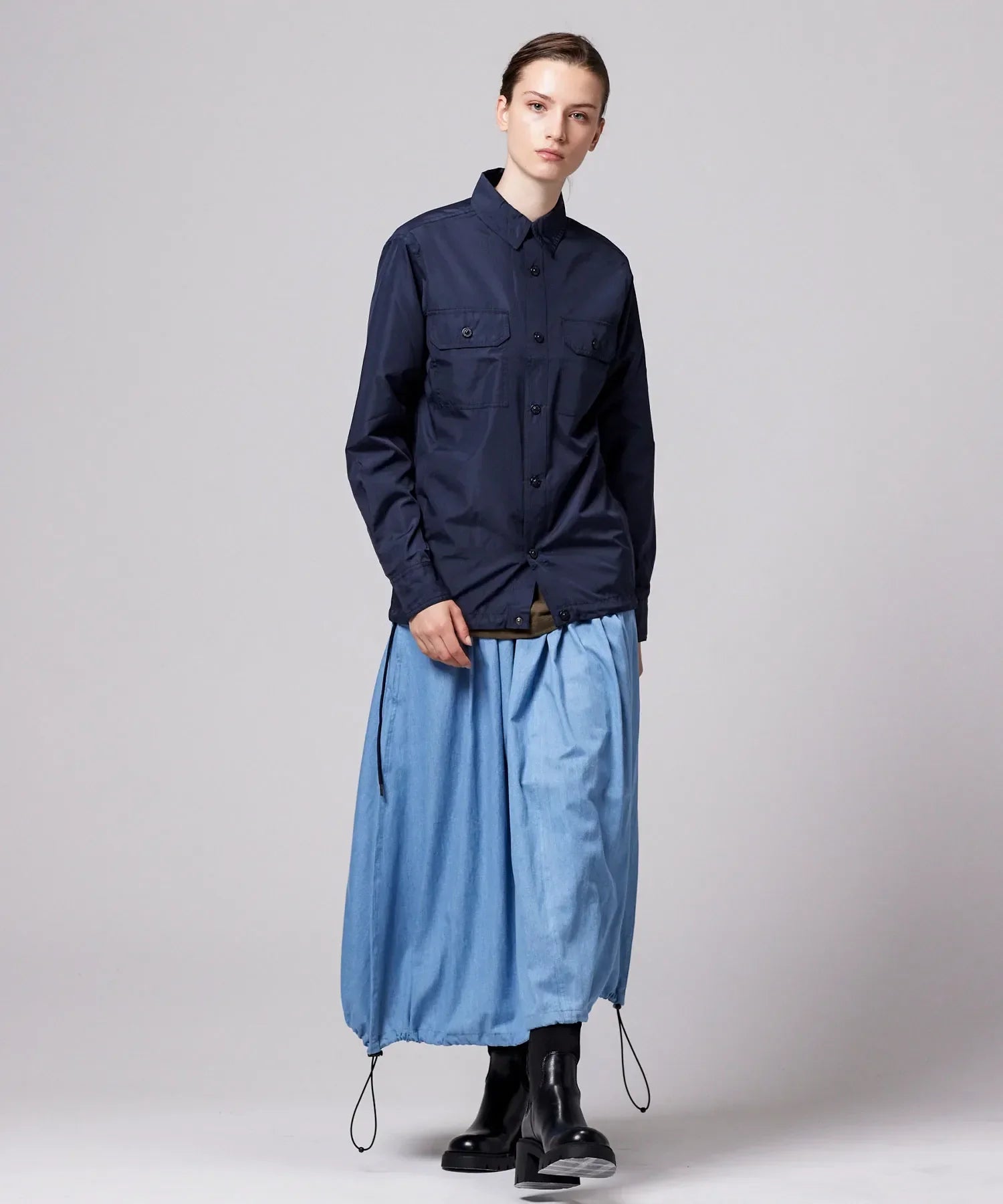 Taion Non-Down Military Gather Skirt Blue Denim