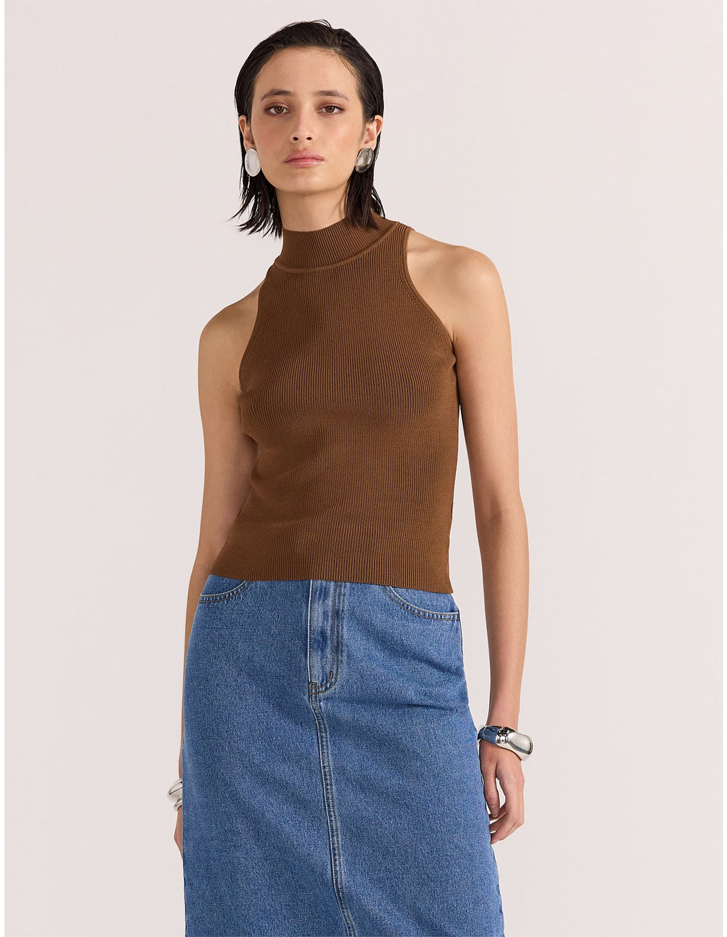 Staple The Label Uma High Neck Knit Top Toffee