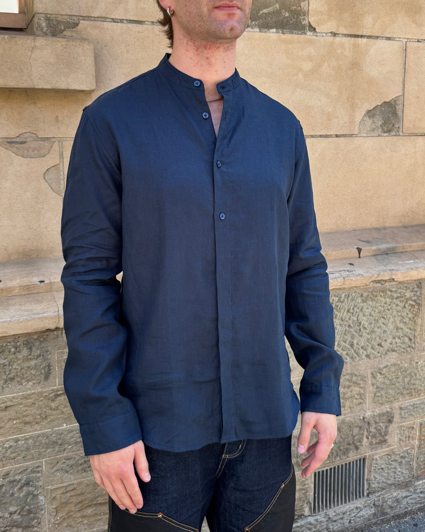 Milkman Linen Mandarin Collar Shirt French Navy