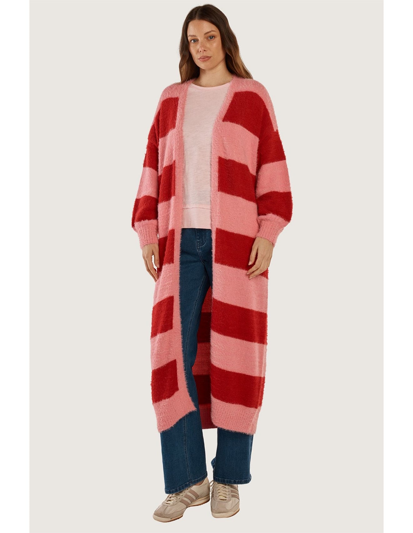 Betty Basics Franca Long Knit Cardigan Red/Pink Stripe Red