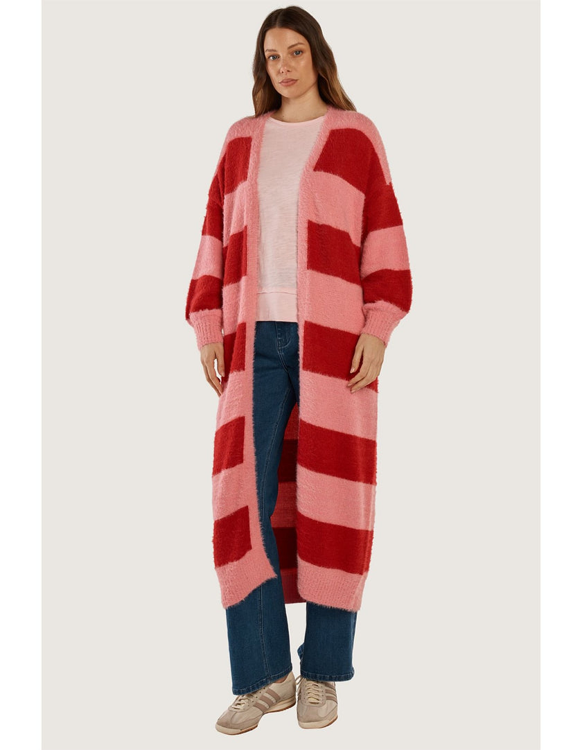 Betty Basics Franca Long Knit Cardigan Red/Pink Stripe Red