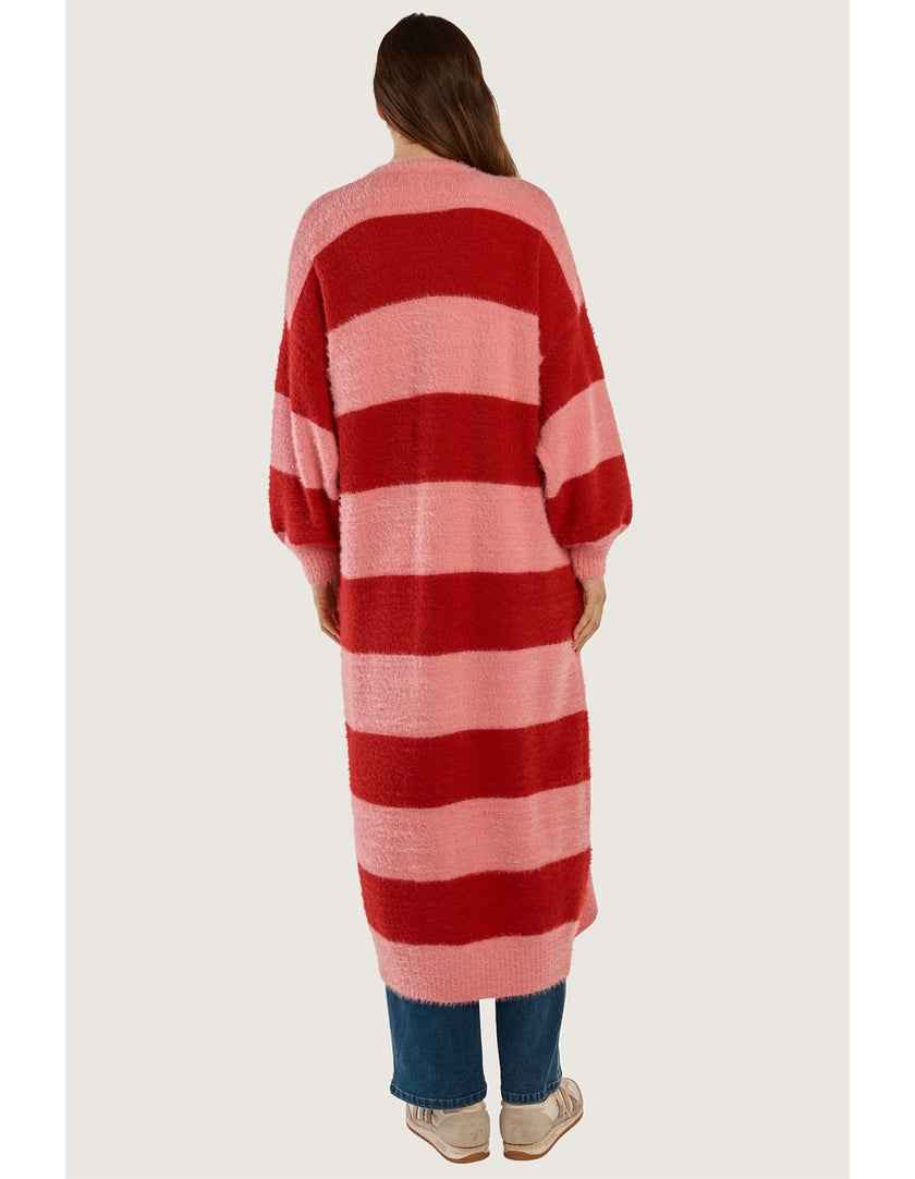 Betty Basics Franca Long Knit Cardigan Red/Pink Stripe Red