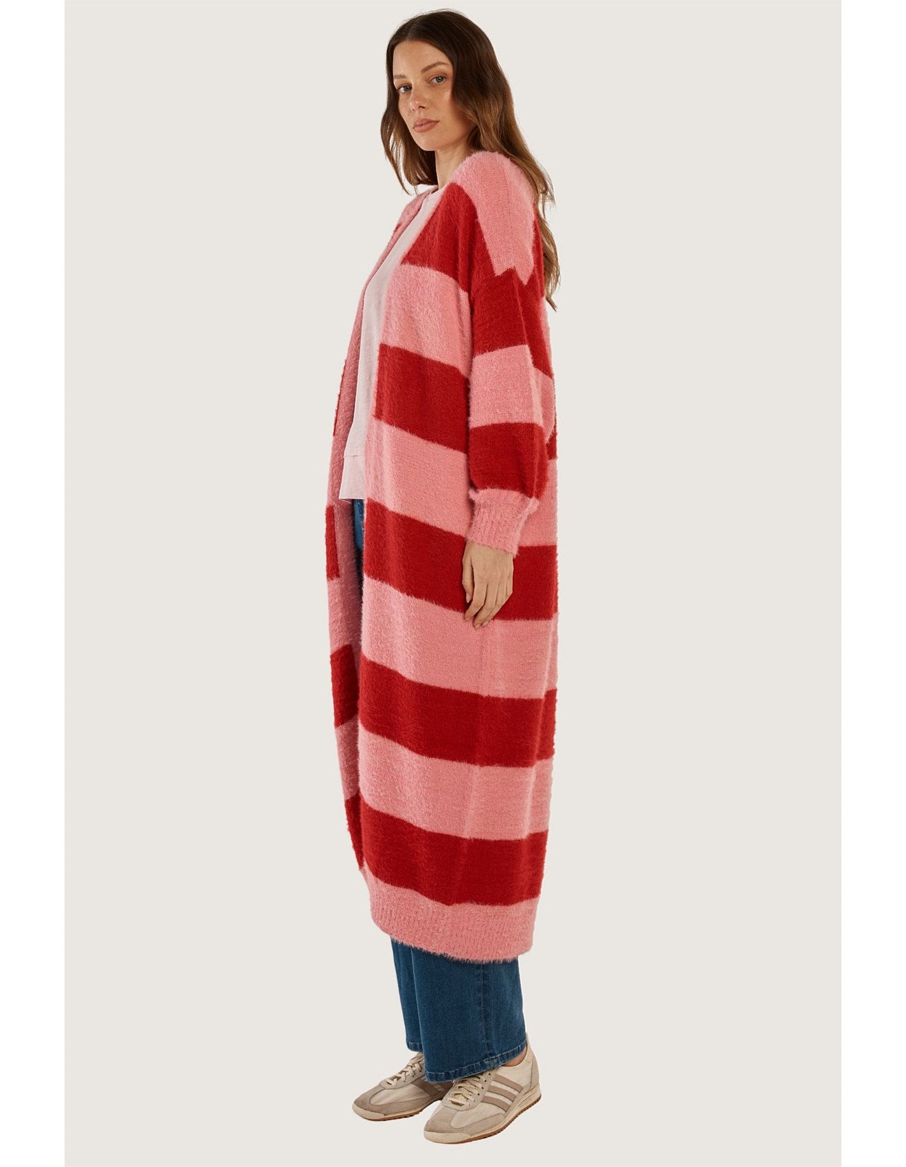 Betty Basics Franca Long Knit Cardigan Red/Pink Stripe Red