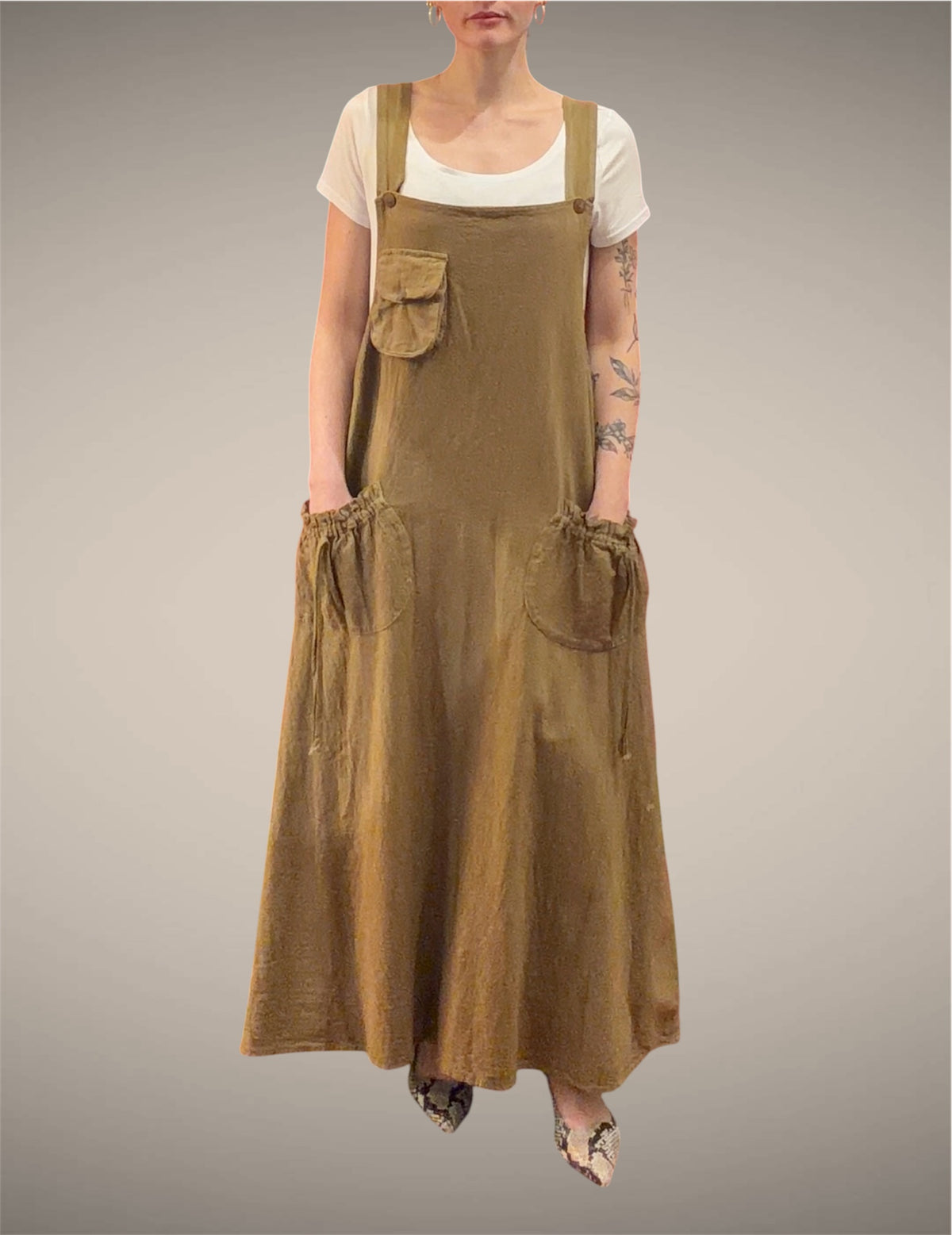 Tibet House GT01 Thick Cotton 3 Pocket Pinafore Dress Tobacco