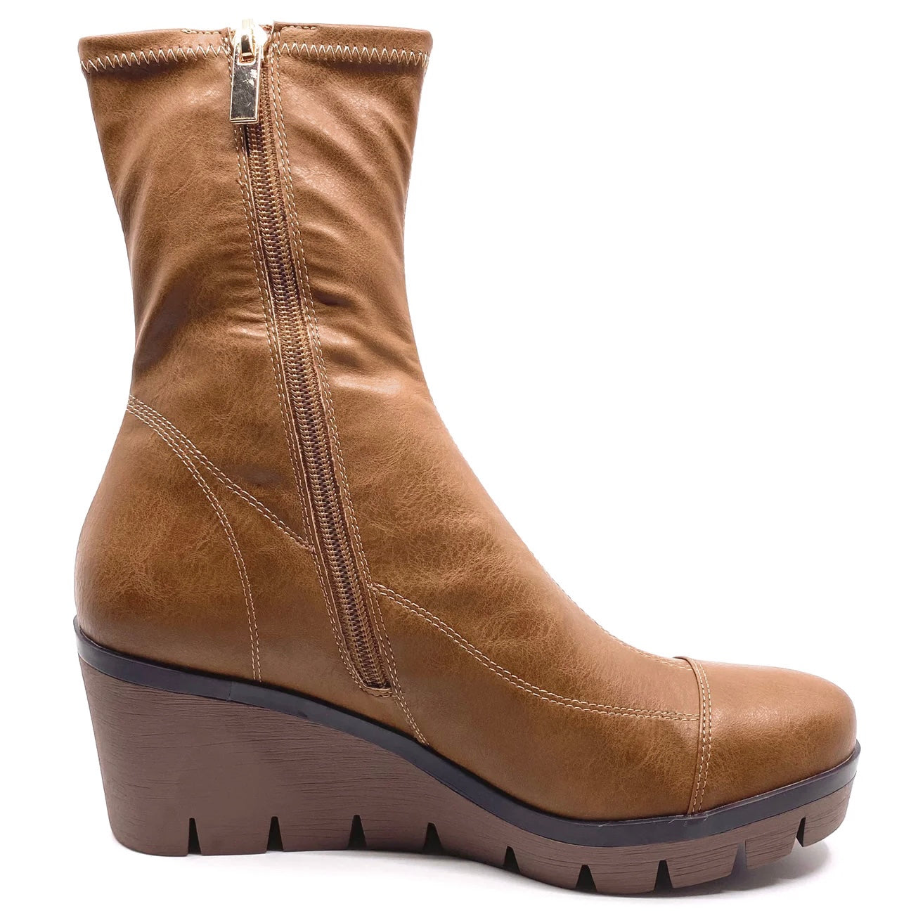 Django & Juliette Nucio Wedge Boots Tan Stretch Smooth