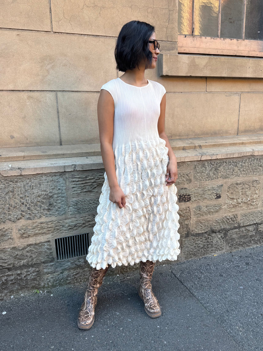Indulge Me Pleated Top & Bubble Pleated Skirt Dress Cream