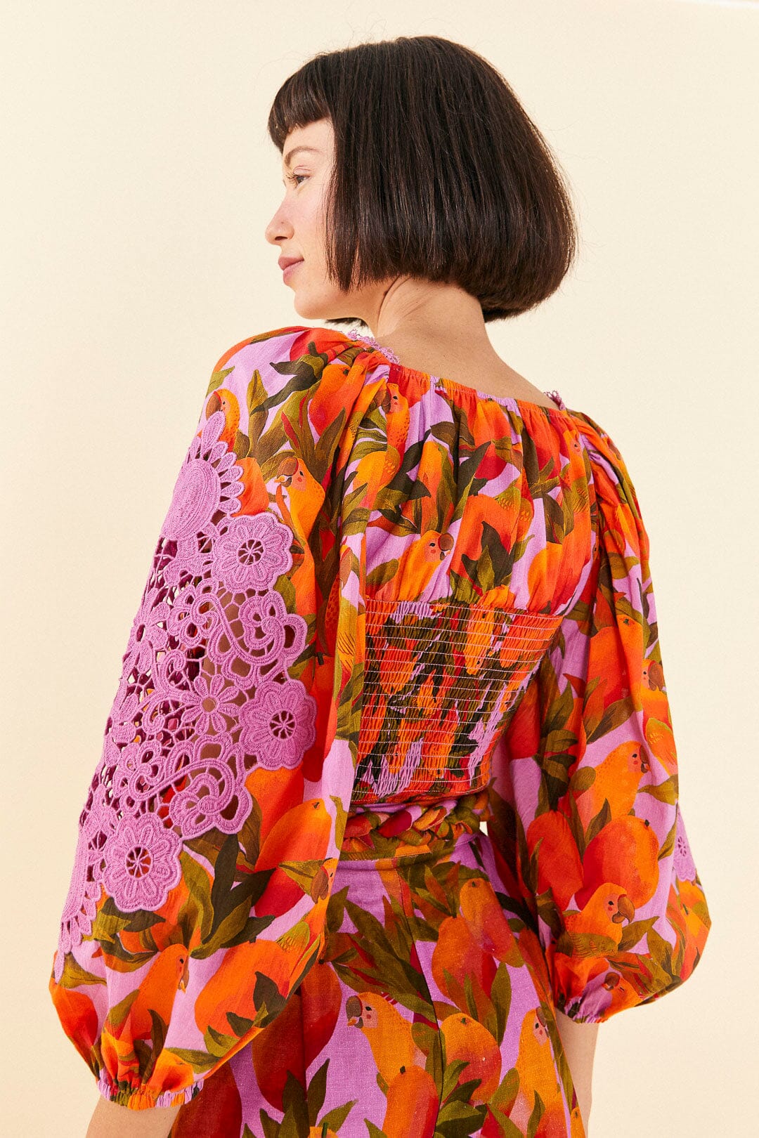 Farm Rio Lilac Mango Macaws Blouse