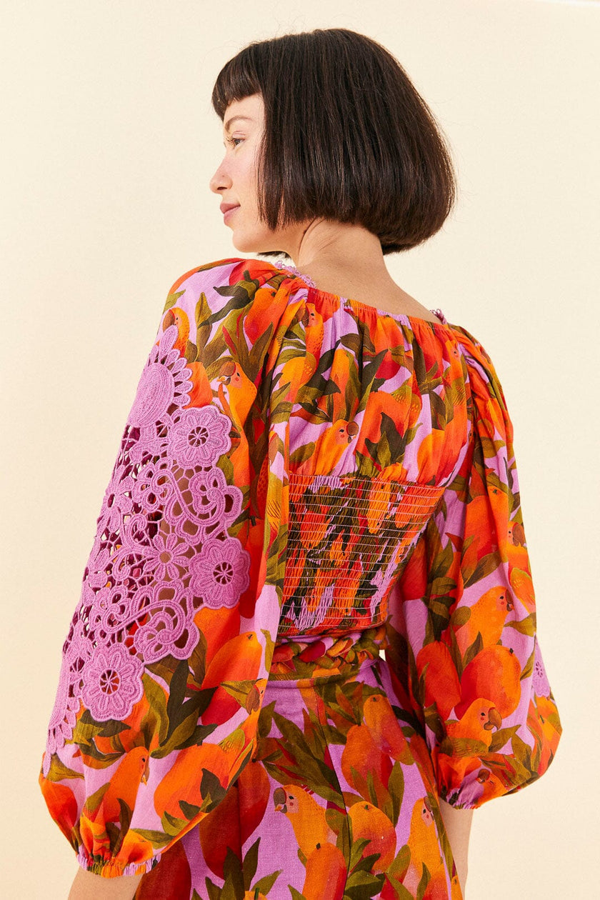 Farm Rio Lilac Mango Macaws Blouse
