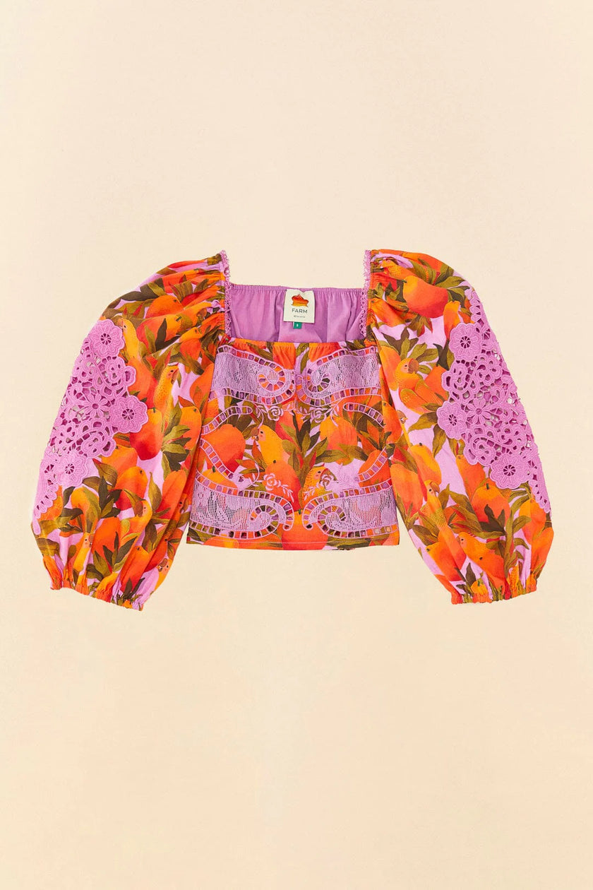 Farm Rio Lilac Mango Macaws Blouse