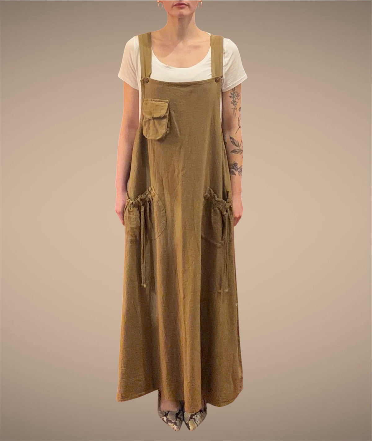 Tibet House GT01 Thick Cotton 3 Pocket Pinafore Dress Tobacco