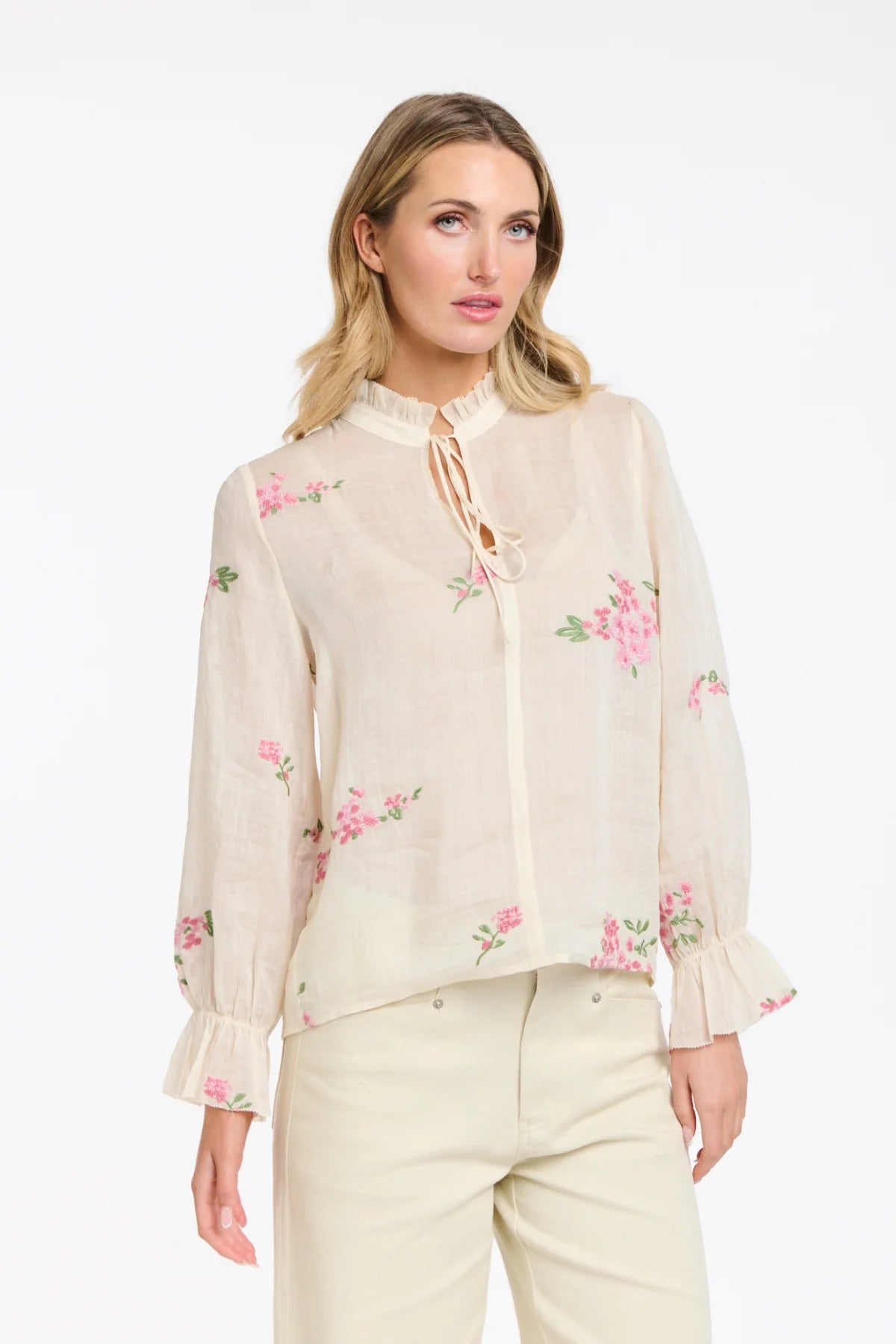 365 Days Tess Floral Top Ecru/Pink Embroidery
