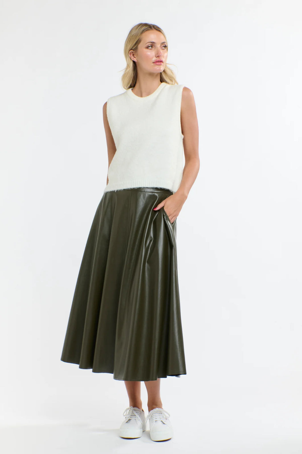365 Days Updated Dakota PU Skirt Khaki
