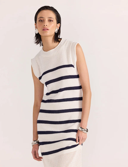 Staple The Label Veda Stripe Knit Midi Dress White/Navy