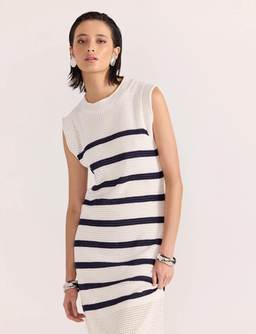 Staple The Label Veda Stripe Knit Midi Dress White/Navy