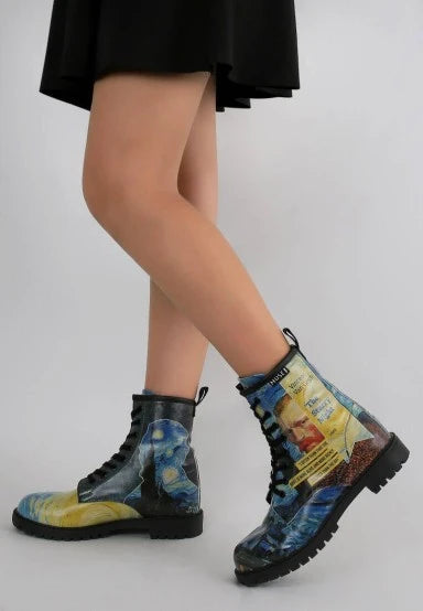 Dogo Vegan Leather Lace Up Boots Vincent Van Gogh/Starry Night Collage Muse