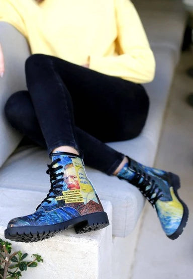 Dogo Vegan Leather Lace Up Boots Vincent Van Gogh/Starry Night Collage Muse