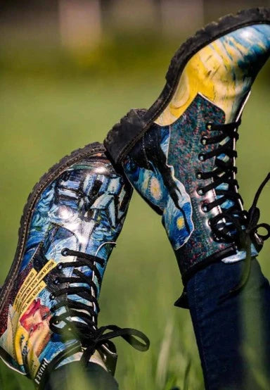 Dogo Vegan Leather Lace Up Boots Vincent Van Gogh/Starry Night Collage Muse