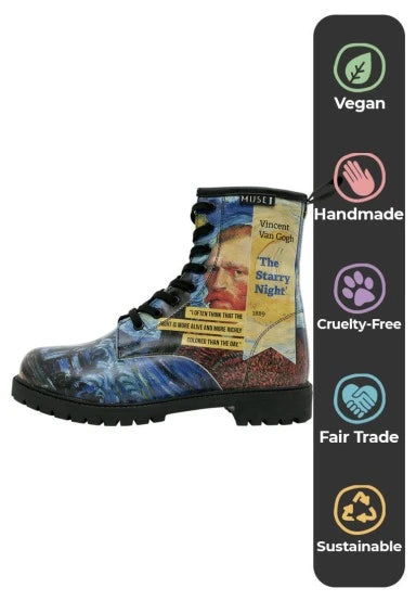 Dogo Vegan Leather Lace Up Boots Vincent Van Gogh/Starry Night Collage Muse