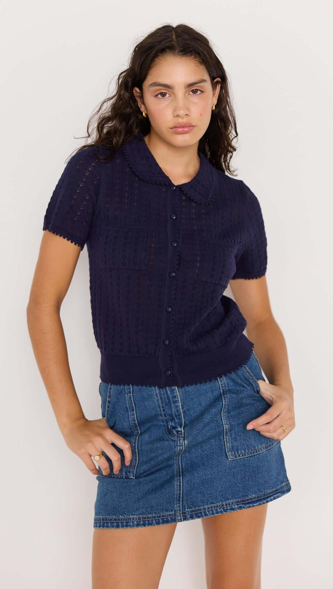 MINKPINK Lila Pointelle Knit Tee Navy