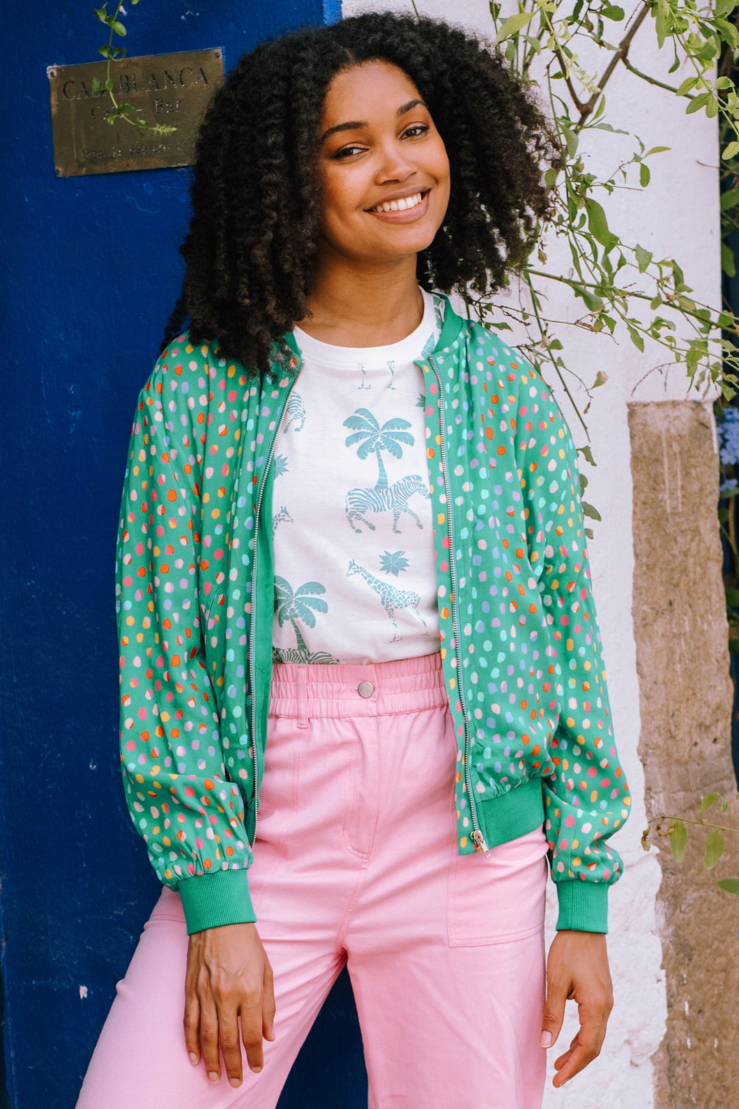 Sugarhill Brighton Bobbi Bomber Jacket Green Rainbow Pebbles