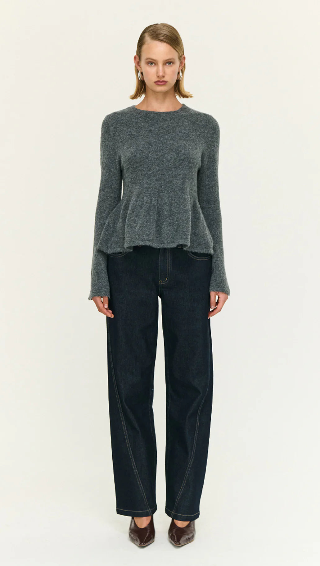 Staple The Label Noelle Peplum Knit Top Charcoal Grey