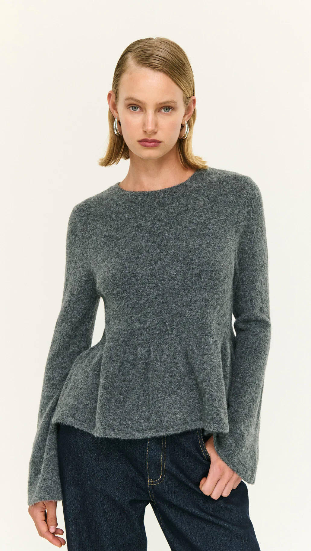 Staple The Label Noelle Peplum Knit Top Charcoal Grey