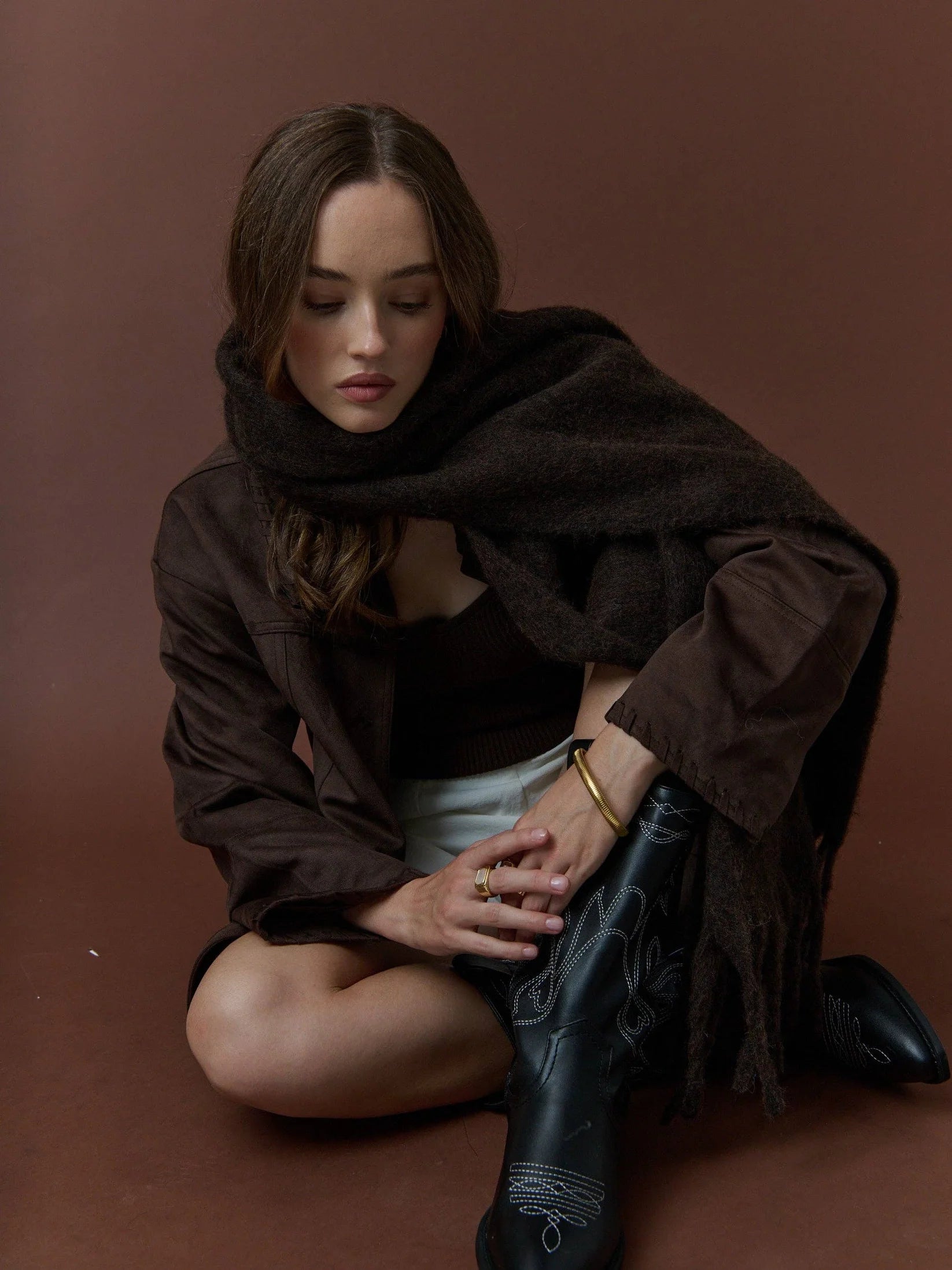 Angels Whisper Betty Wool Plain Fluffy Scarf Brown