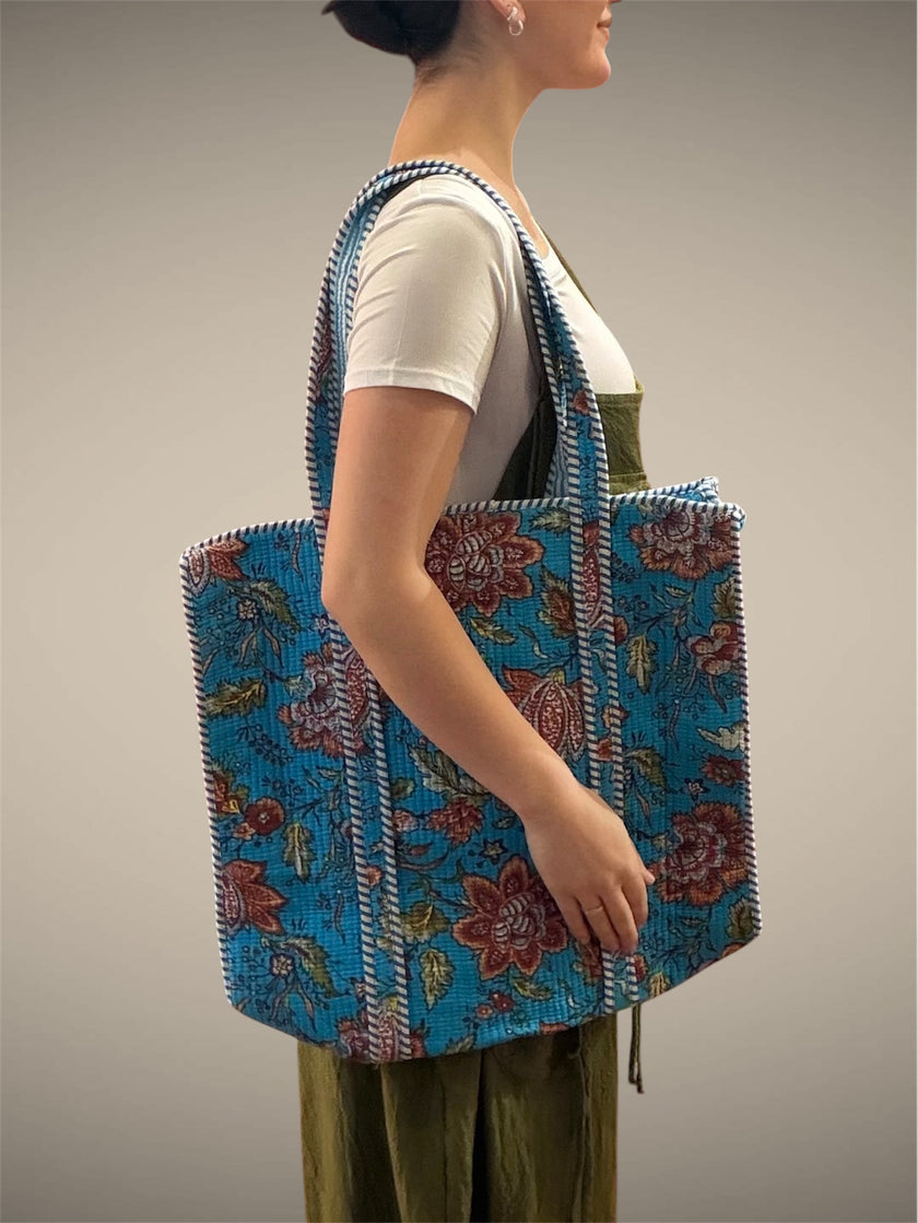 Tibet House BT306 Cotton Yamuna Tote Bag Blue Floral