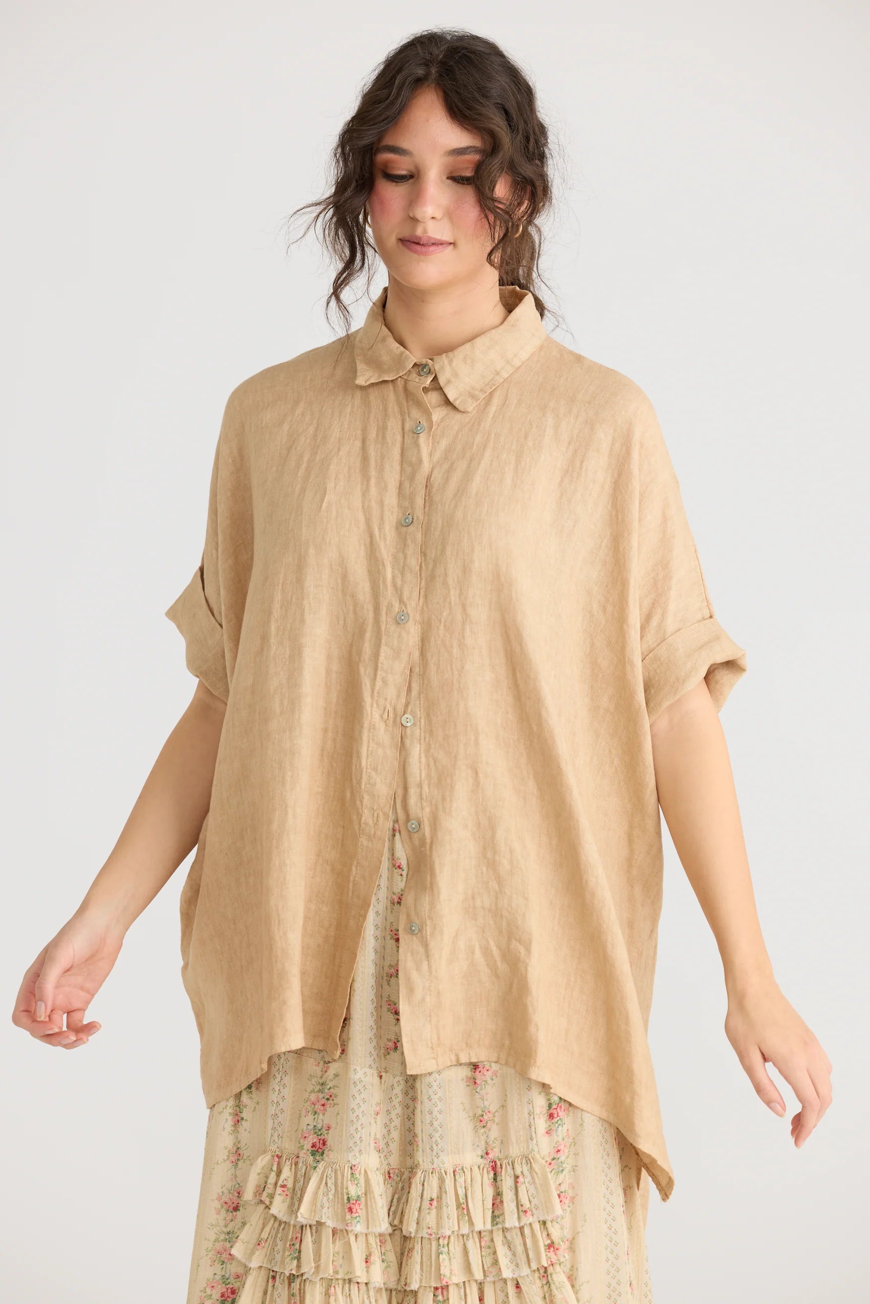 Miss Rose Sister Violet Teddie Linen Shirt Caramel