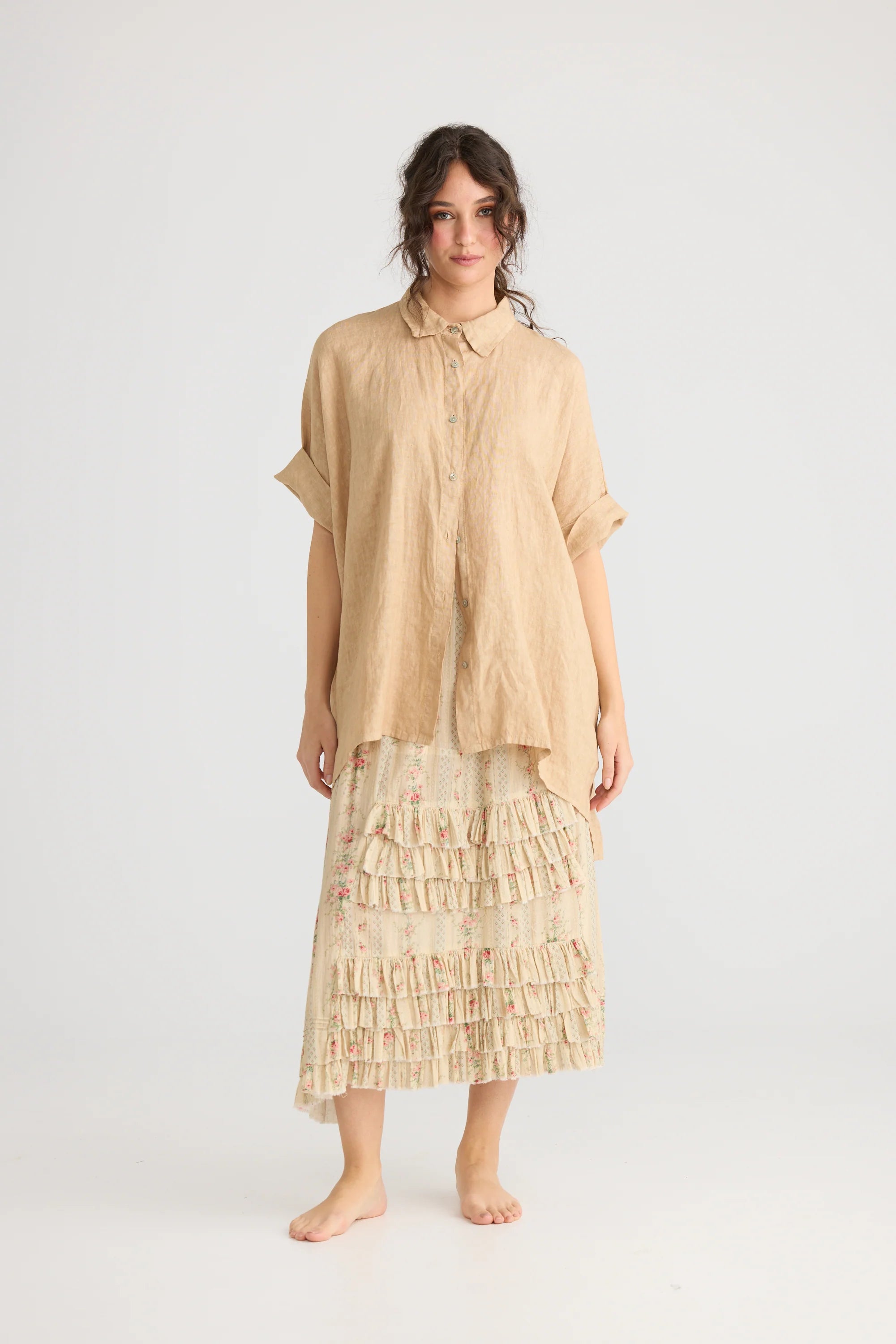 Miss Rose Sister Violet Teddie Linen Shirt Caramel